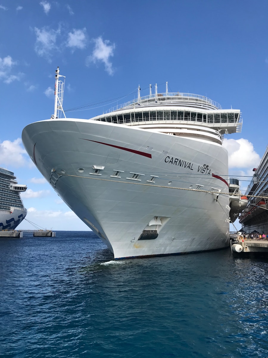 a large cruise ship docked at a dock